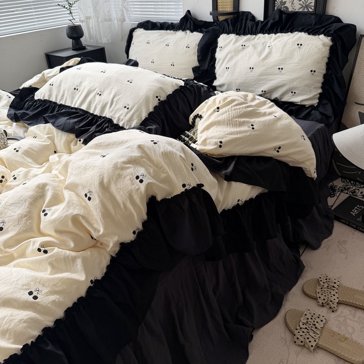 91家纺网 家纺一手货源 找家纺 原素 2026新款大黑边水洗棉四件套-安娜系列 安娜-樱桃