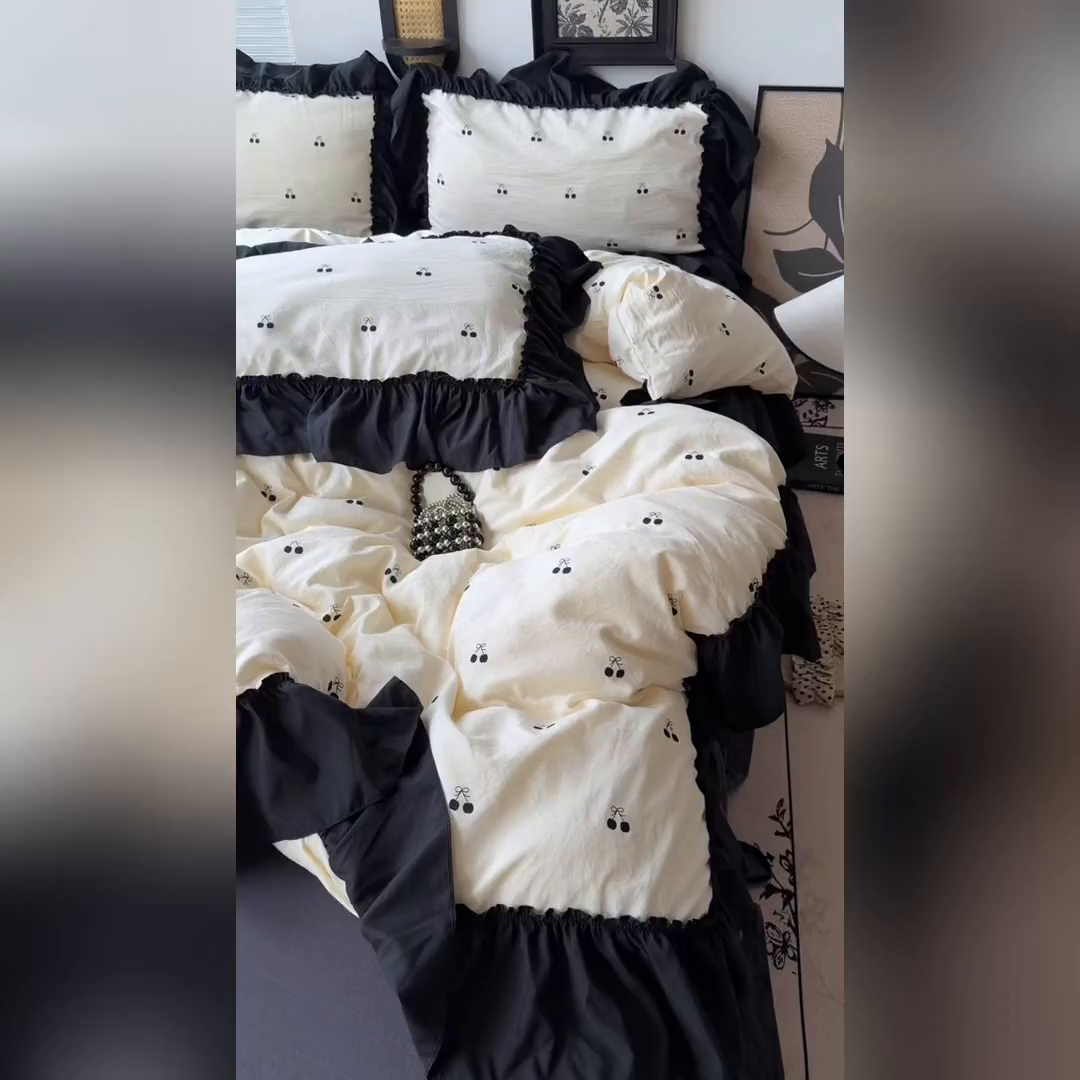 91家纺网 家纺一手货源 找家纺 原素 2026新款大黑边水洗棉四件套-安娜系列 安娜-樱桃