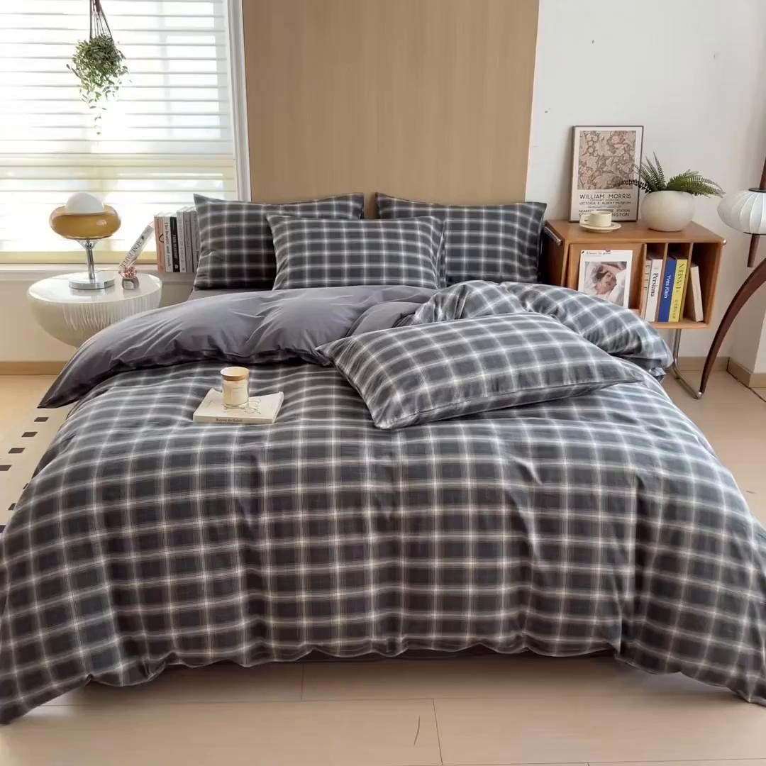 91家纺网 家纺一手货源 找家纺 女子家纺 2026新款A类全棉色织水洗棉四件套单品系列 午后时光-灰