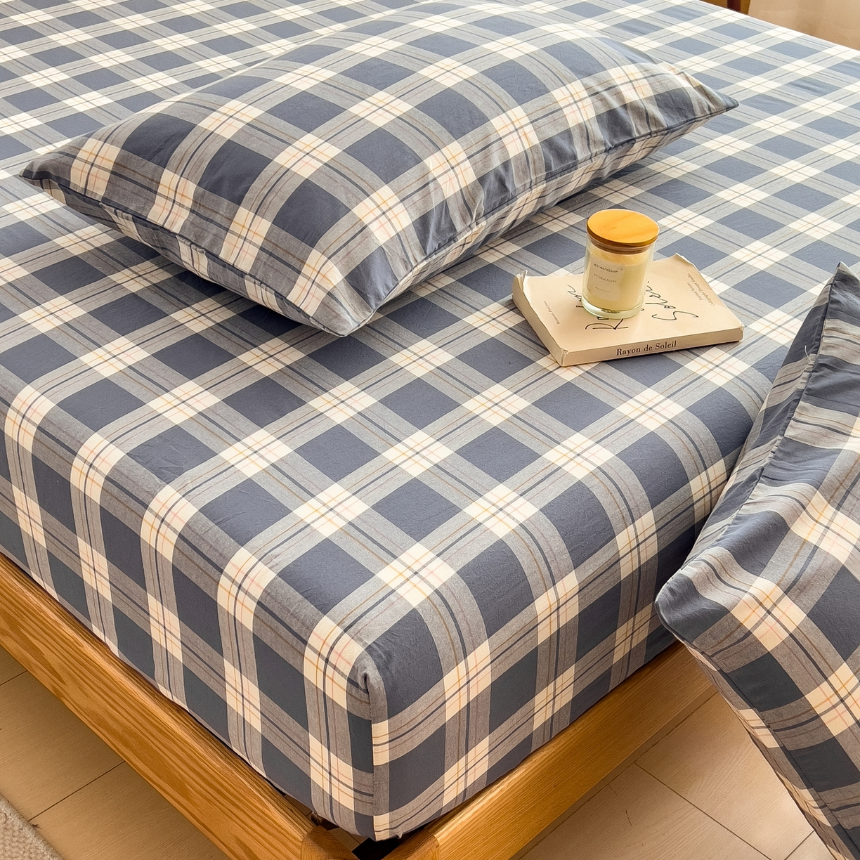 91家纺网 家纺一手货源 找家纺 女子家纺 2026新款A类全棉色织水洗棉四件套单品系列 缤纷大格-蓝