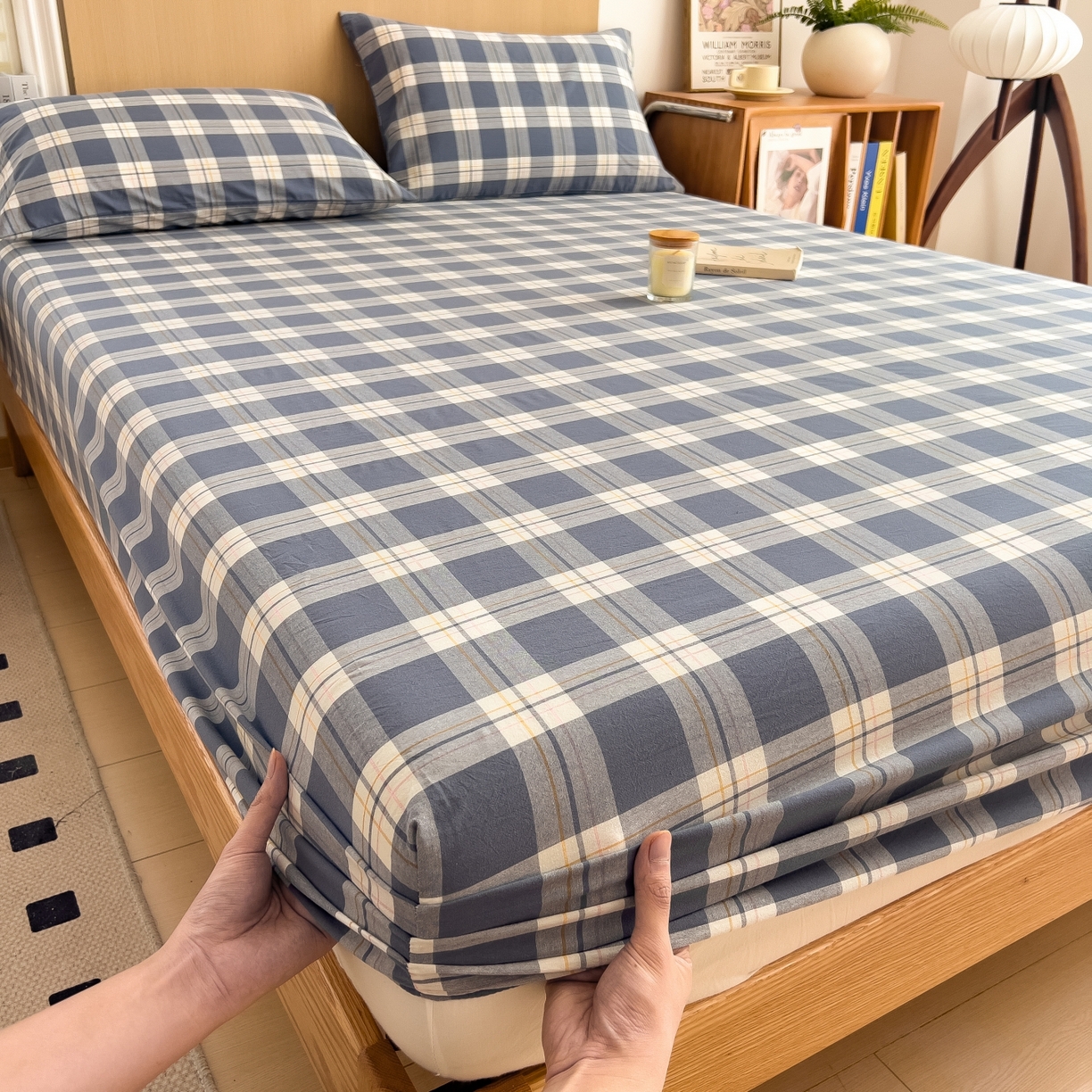 91家纺网 家纺一手货源 找家纺 女子家纺 2026新款A类全棉色织水洗棉四件套单品系列 缤纷大格-蓝