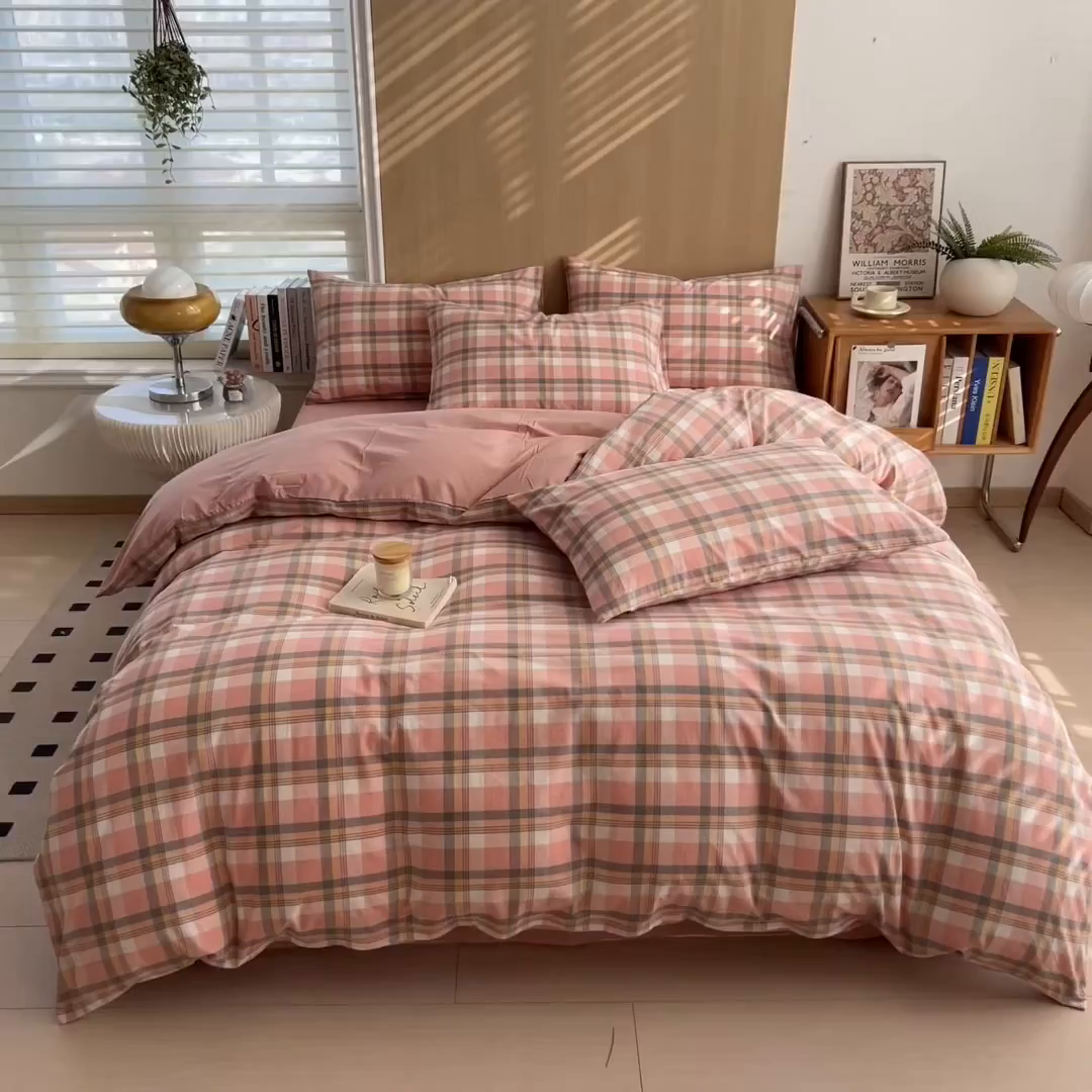 91家纺网 家纺一手货源 找家纺 女子家纺 2026新款A类全棉色织水洗棉四件套单品系列 简兮-粉