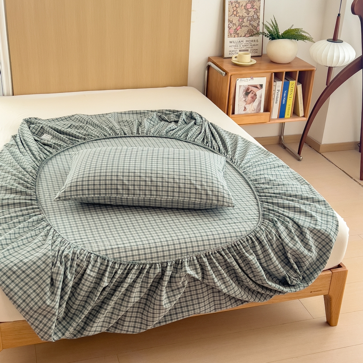 91家纺网 家纺一手货源 找家纺 女子家纺 2026新款A类全棉色织水洗棉四件套单品系列 梦幻格-兰绿