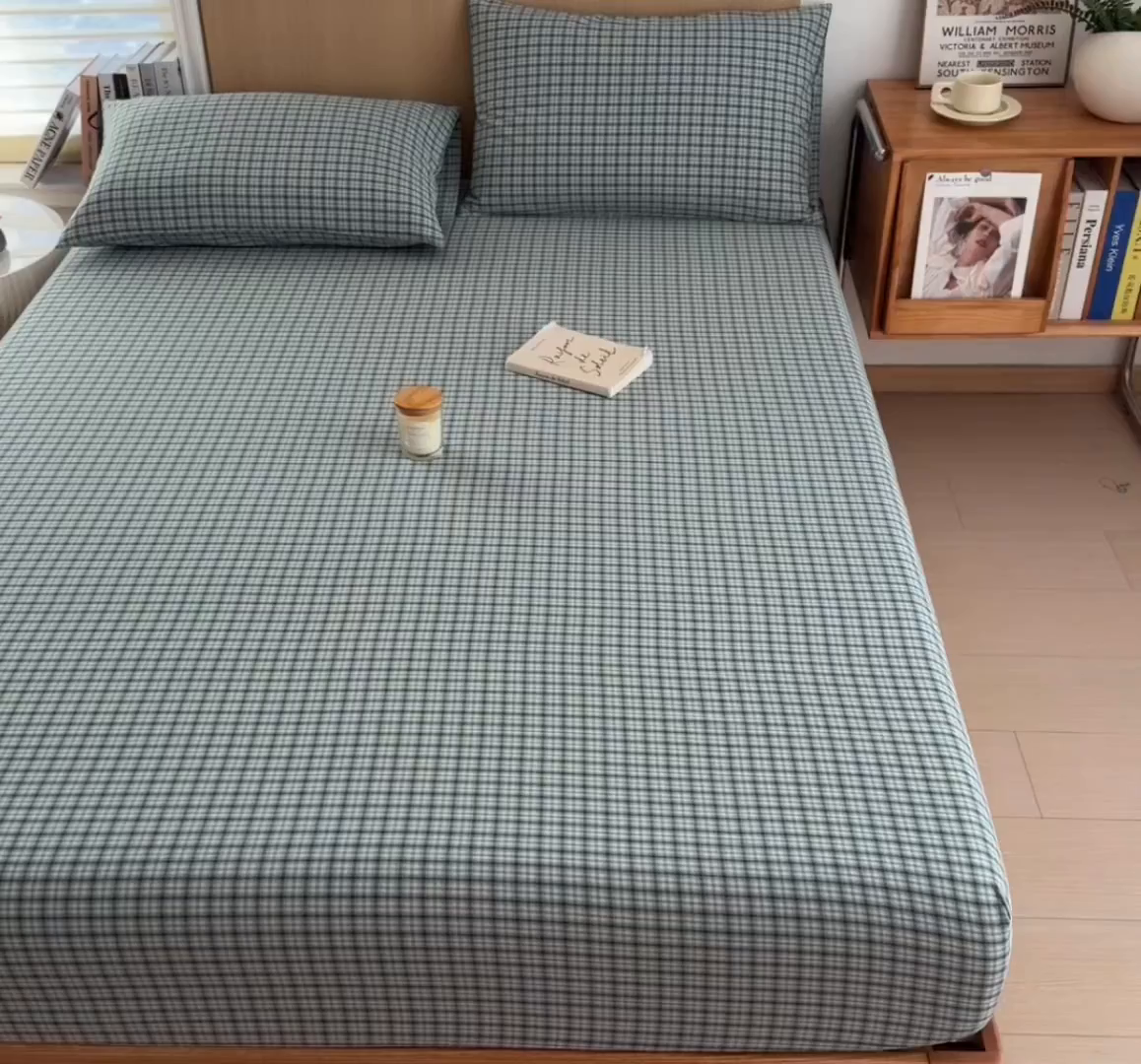 91家纺网 家纺一手货源 找家纺 女子家纺 2026新款A类全棉色织水洗棉四件套单品系列 梦幻格-兰绿