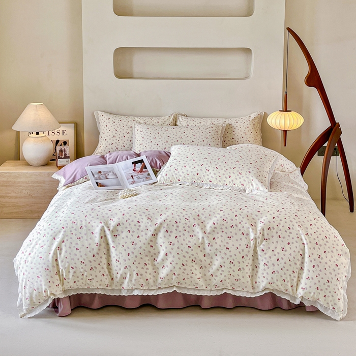 91家纺网 家纺一手货源 找家纺 斯卡诺家纺 2026新款全棉纯棉花边床盖四件套 爱心樱桃-纯棉花边