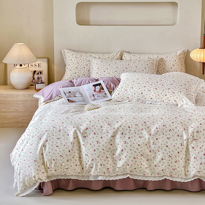 91家纺网 家纺一手货源 找家纺 斯卡诺家纺 2026新款全棉纯棉花边床盖四件套 爱心樱桃-纯棉花边