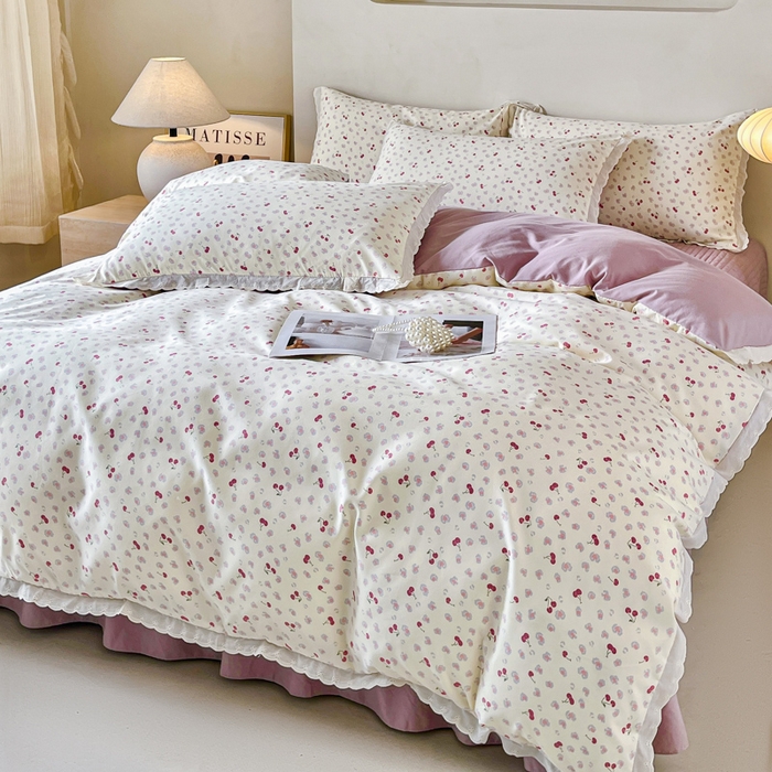 91家纺网 家纺一手货源 找家纺 斯卡诺家纺 2026新款全棉纯棉花边床盖四件套 爱心樱桃-纯棉花边