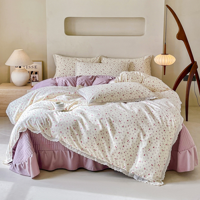 91家纺网 家纺一手货源 找家纺 斯卡诺家纺 2026新款全棉纯棉花边床盖四件套 爱心樱桃-纯棉花边
