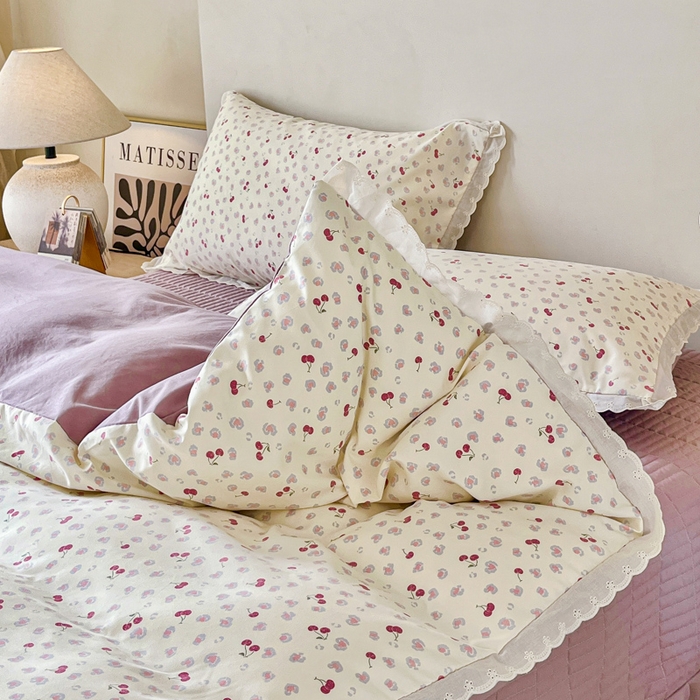 91家纺网 家纺一手货源 找家纺 斯卡诺家纺 2026新款全棉纯棉花边床盖四件套 爱心樱桃-纯棉花边