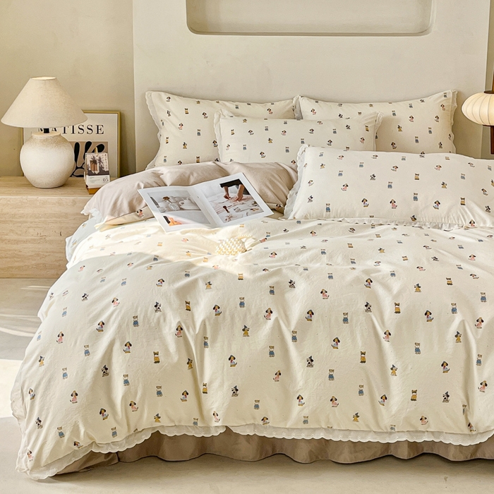 91家纺网 家纺一手货源 找家纺 斯卡诺家纺 2026新款全棉纯棉花边床盖四件套 狗狗家族-纯棉花边