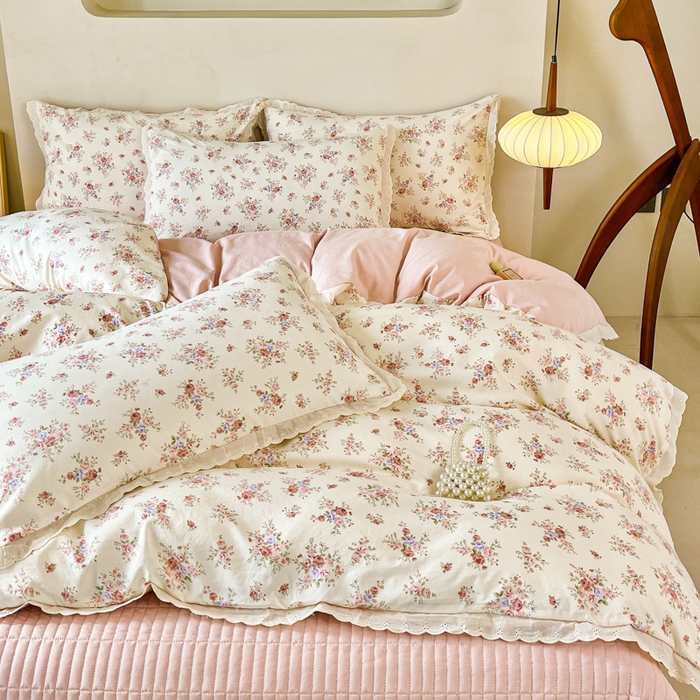 91家纺网 家纺一手货源 找家纺 斯卡诺家纺 2026新款全棉纯棉花边床盖四件套 红粉佳人-纯棉花边