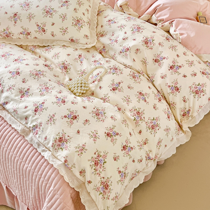 91家纺网 家纺一手货源 找家纺 斯卡诺家纺 2026新款全棉纯棉花边床盖四件套 红粉佳人-纯棉花边