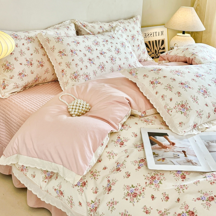 91家纺网 家纺一手货源 找家纺 斯卡诺家纺 2026新款全棉纯棉花边床盖四件套 红粉佳人-纯棉花边