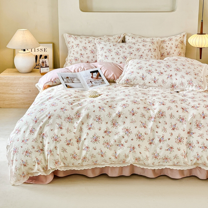 91家纺网 家纺一手货源 找家纺 斯卡诺家纺 2026新款全棉纯棉花边床盖四件套 红粉佳人-纯棉花边