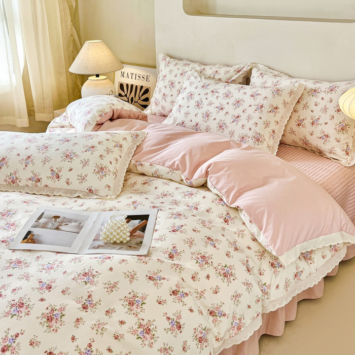 91家纺网 家纺一手货源 找家纺 斯卡诺家纺 2026新款全棉纯棉花边床盖四件套 红粉佳人-纯棉花边