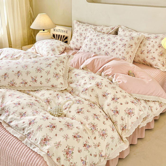 91家纺网 家纺一手货源 找家纺 斯卡诺家纺 2026新款全棉纯棉花边床盖四件套 红粉佳人-纯棉花边