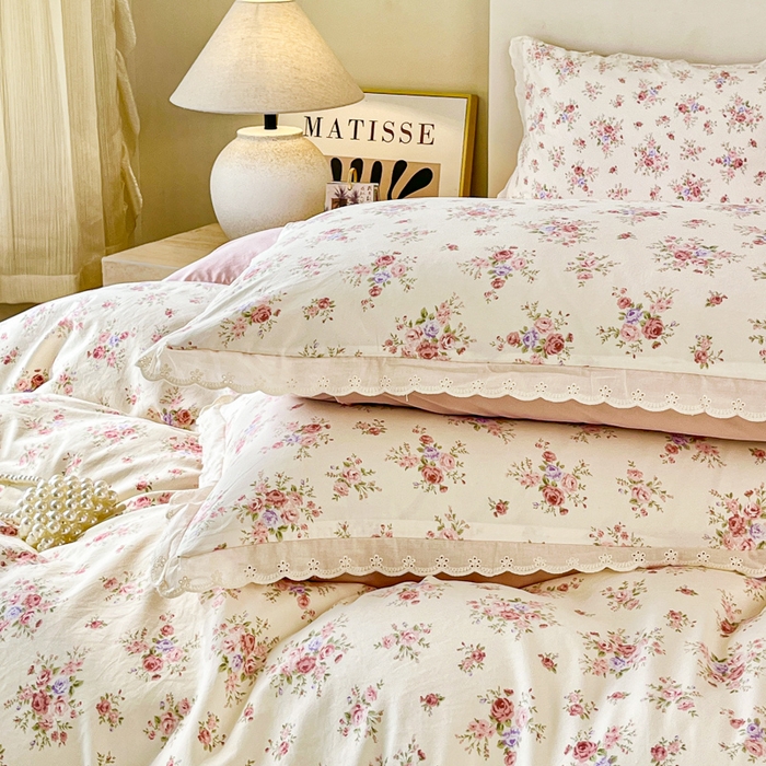 91家纺网 家纺一手货源 找家纺 斯卡诺家纺 2026新款全棉纯棉花边床盖四件套 红粉佳人-纯棉花边