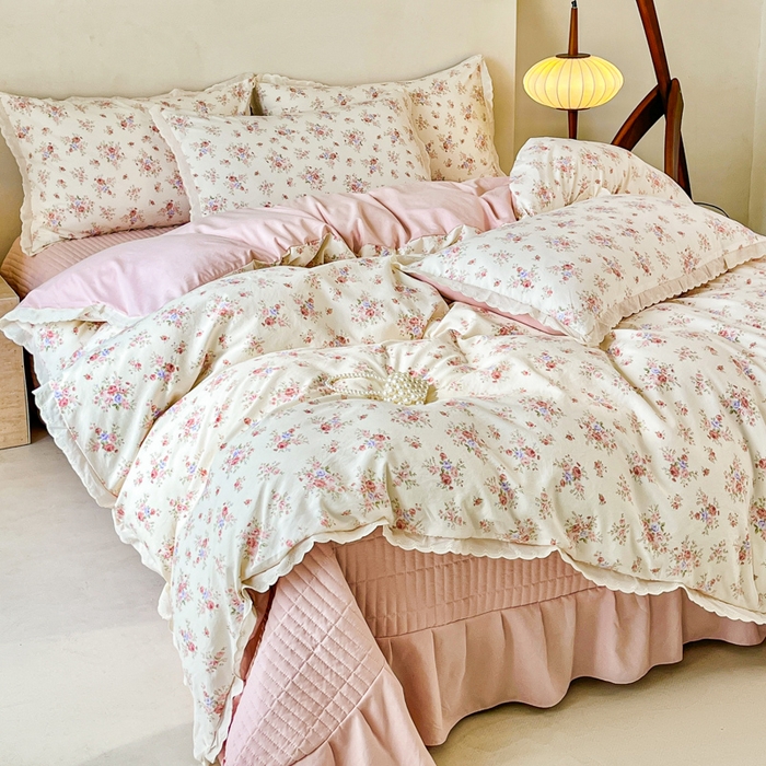 91家纺网 家纺一手货源 找家纺 斯卡诺家纺 2026新款全棉纯棉花边床盖四件套 红粉佳人-纯棉花边