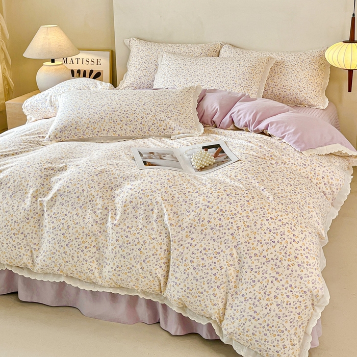 91家纺网 家纺一手货源 找家纺 斯卡诺家纺 2026新款全棉纯棉花边床盖四件套 花千朵-纯棉花边