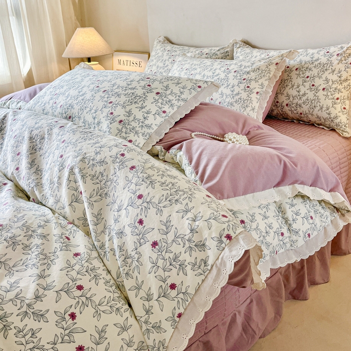 斯卡诺家纺 2026新款全棉纯棉花边床盖四件套 满园春色-纯棉花边