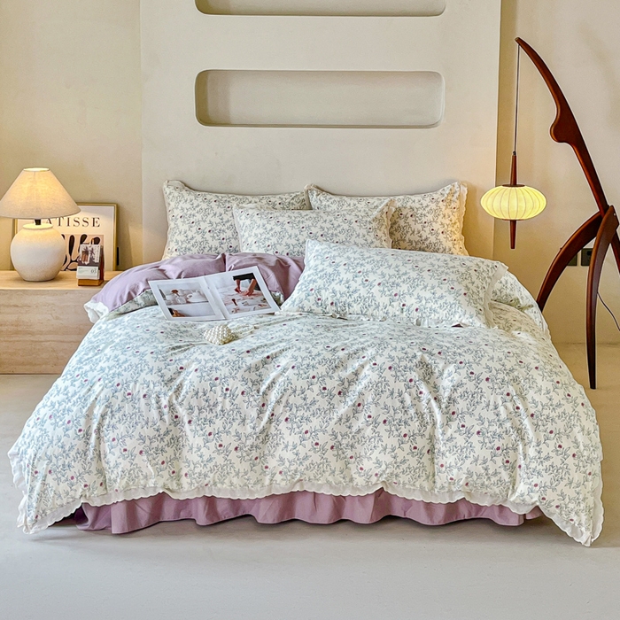 91家纺网 家纺一手货源 找家纺 斯卡诺家纺 2026新款全棉纯棉花边床盖四件套 满园春色-纯棉花边