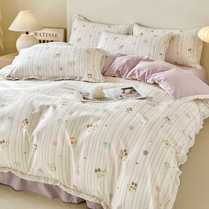 91家纺网 家纺一手货源 找家纺 斯卡诺家纺 2026新款全棉纯棉花边床盖四件套 喵星人-纯棉花边