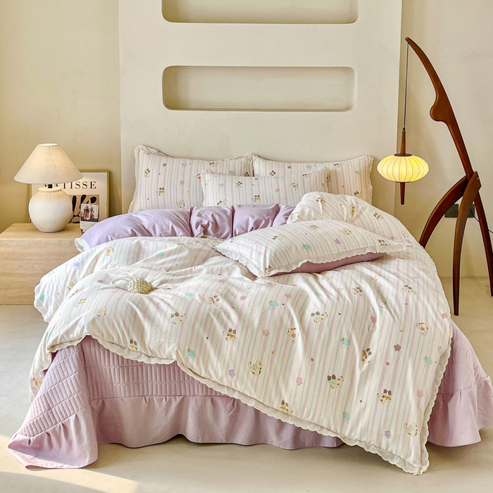 91家纺网 家纺一手货源 找家纺 斯卡诺家纺 2026新款全棉纯棉花边床盖四件套 喵星人-纯棉花边