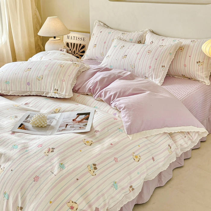 91家纺网 家纺一手货源 找家纺 斯卡诺家纺 2026新款全棉纯棉花边床盖四件套 喵星人-纯棉花边