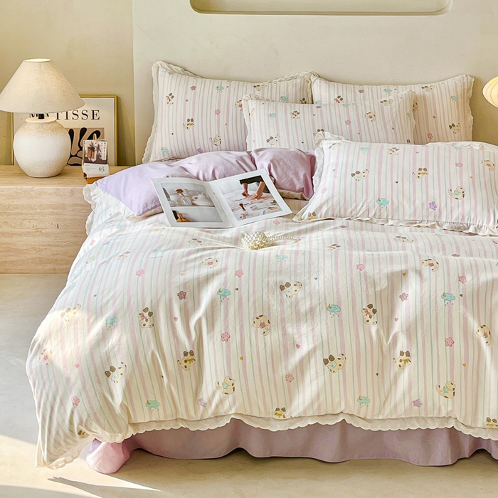 91家纺网 家纺一手货源 找家纺 斯卡诺家纺 2026新款全棉纯棉花边床盖四件套 喵星人-纯棉花边