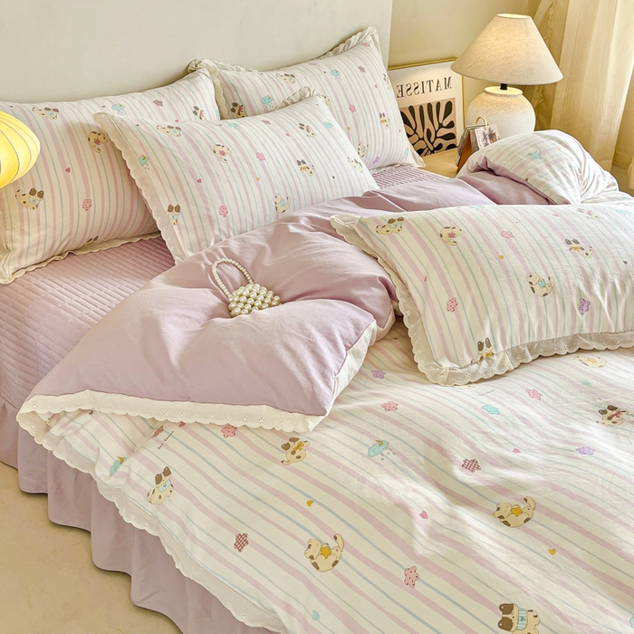 91家纺网 家纺一手货源 找家纺 斯卡诺家纺 2026新款全棉纯棉花边床盖四件套 喵星人-纯棉花边