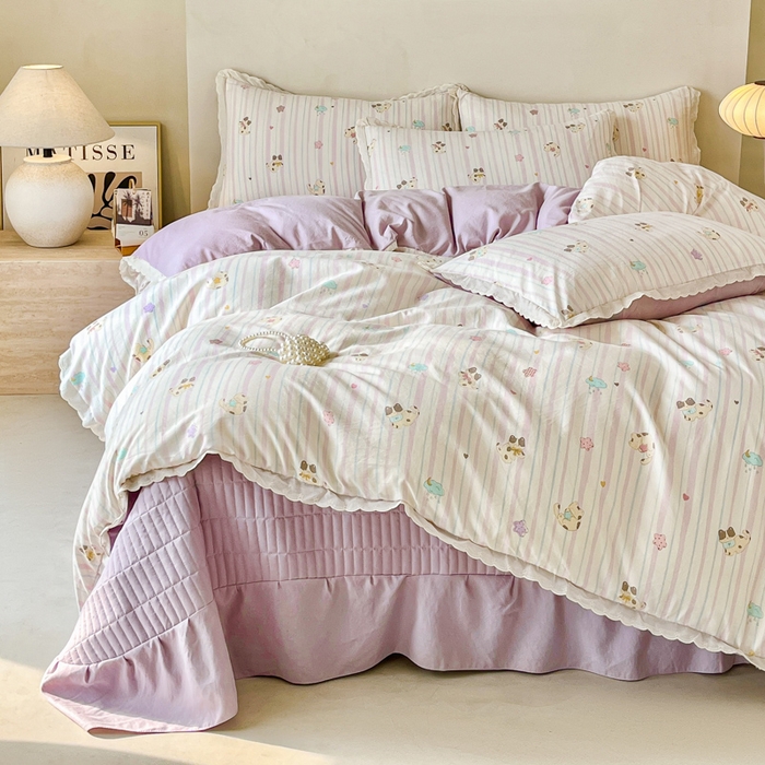 91家纺网 家纺一手货源 找家纺 斯卡诺家纺 2026新款全棉纯棉花边床盖四件套 喵星人-纯棉花边