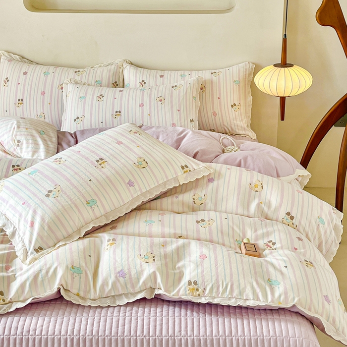 91家纺网 家纺一手货源 找家纺 斯卡诺家纺 2026新款全棉纯棉花边床盖四件套 喵星人-纯棉花边