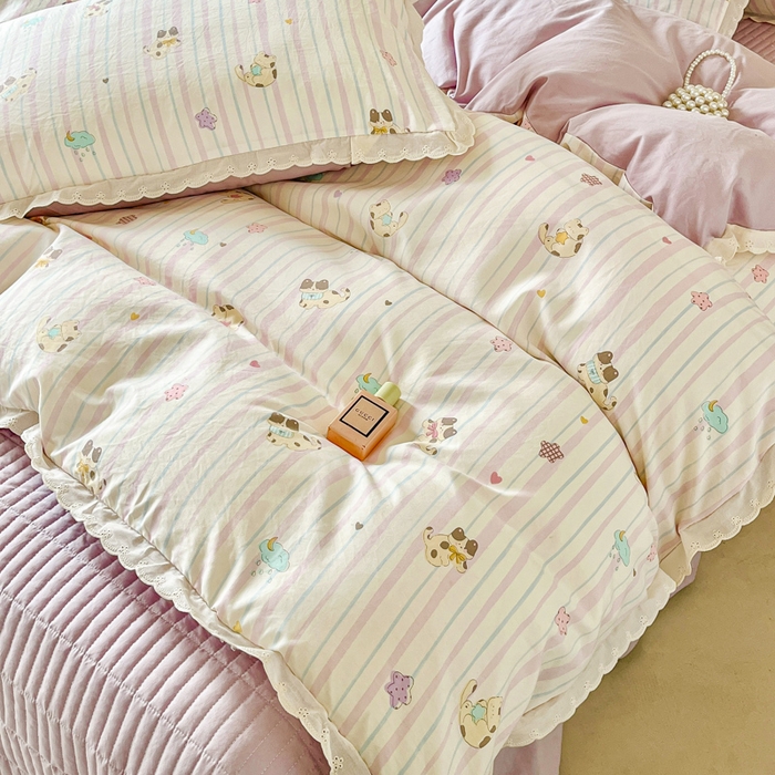 91家纺网 家纺一手货源 找家纺 斯卡诺家纺 2026新款全棉纯棉花边床盖四件套 喵星人-纯棉花边