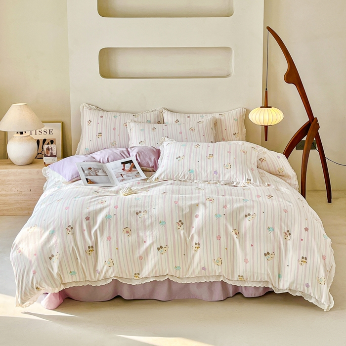 91家纺网 家纺一手货源 找家纺 斯卡诺家纺 2026新款全棉纯棉花边床盖四件套 喵星人-纯棉花边