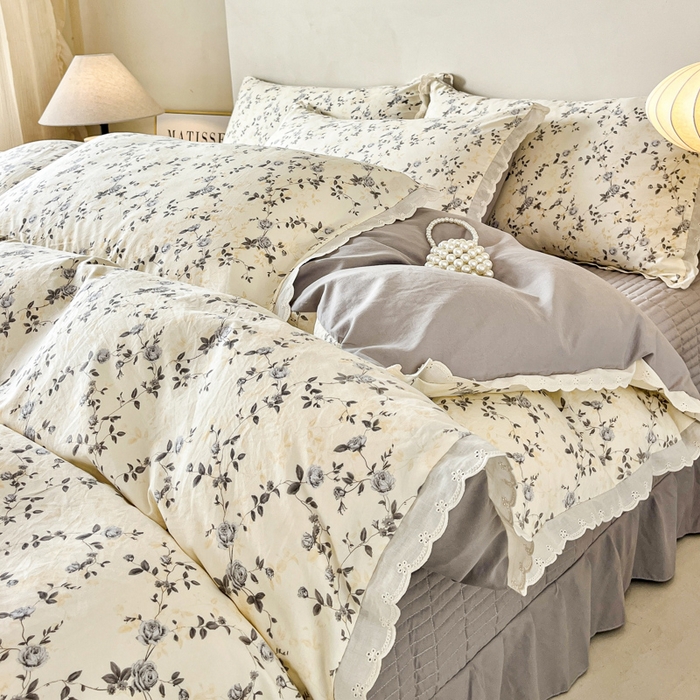 斯卡诺家纺 2026新款全棉纯棉花边床盖四件套 南枝-纯棉花边
