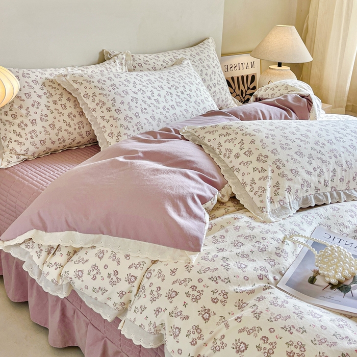 91家纺网 家纺一手货源 找家纺 斯卡诺家纺 2026新款全棉纯棉花边床盖四件套 清雅-纯棉花边