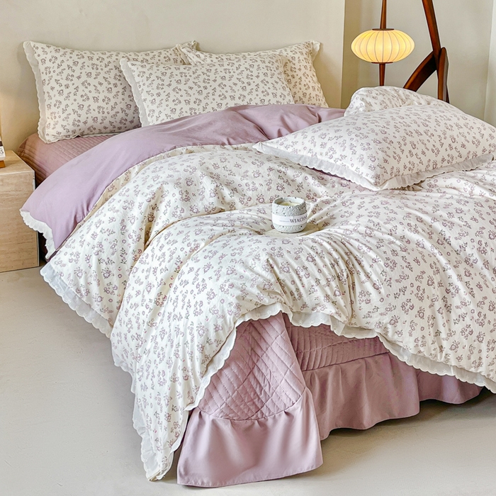 91家纺网 家纺一手货源 找家纺 斯卡诺家纺 2026新款全棉纯棉花边床盖四件套 清雅-纯棉花边