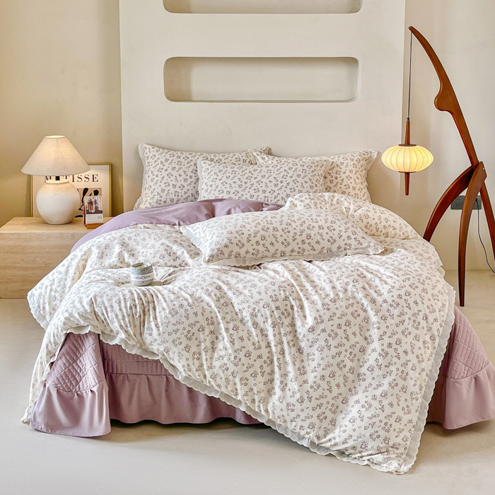 91家纺网 家纺一手货源 找家纺 斯卡诺家纺 2026新款全棉纯棉花边床盖四件套 清雅-纯棉花边