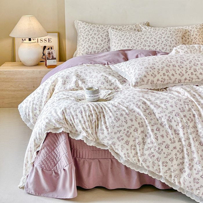 91家纺网 家纺一手货源 找家纺 斯卡诺家纺 2026新款全棉纯棉花边床盖四件套 清雅-纯棉花边