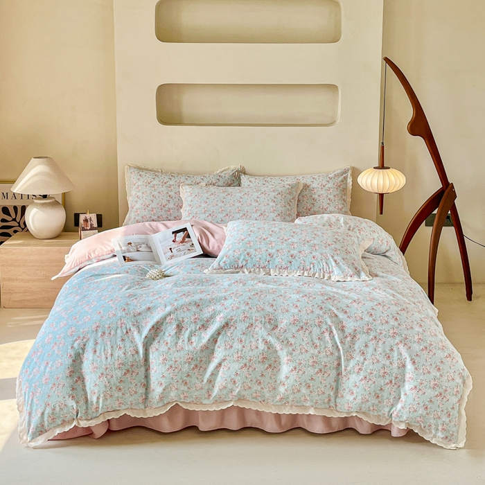 91家纺网 家纺一手货源 找家纺 斯卡诺家纺 2026新款全棉纯棉花边床盖四件套 盛夏花开-纯棉花边