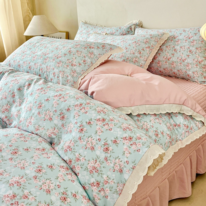 斯卡诺家纺 2026新款全棉纯棉花边床盖四件套 盛夏花开-纯棉花边