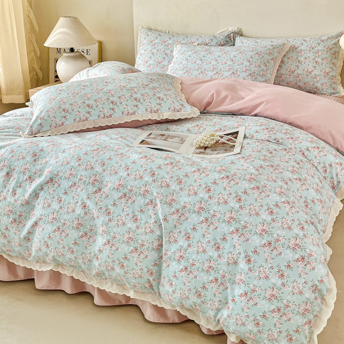 91家纺网 家纺一手货源 找家纺 斯卡诺家纺 2026新款全棉纯棉花边床盖四件套 盛夏花开-纯棉花边