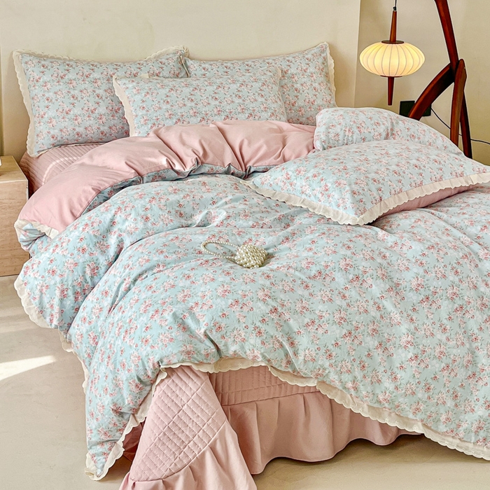 91家纺网 家纺一手货源 找家纺 斯卡诺家纺 2026新款全棉纯棉花边床盖四件套 盛夏花开-纯棉花边