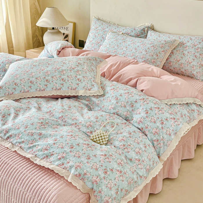 91家纺网 家纺一手货源 找家纺 斯卡诺家纺 2026新款全棉纯棉花边床盖四件套 盛夏花开-纯棉花边