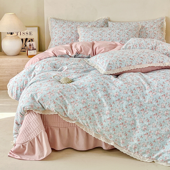 91家纺网 家纺一手货源 找家纺 斯卡诺家纺 2026新款全棉纯棉花边床盖四件套 盛夏花开-纯棉花边