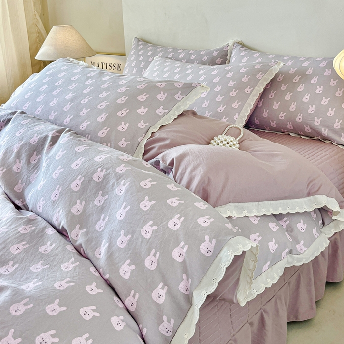 斯卡诺家纺 2026新款全棉纯棉花边床盖四件套 兔小姐-纯棉花边