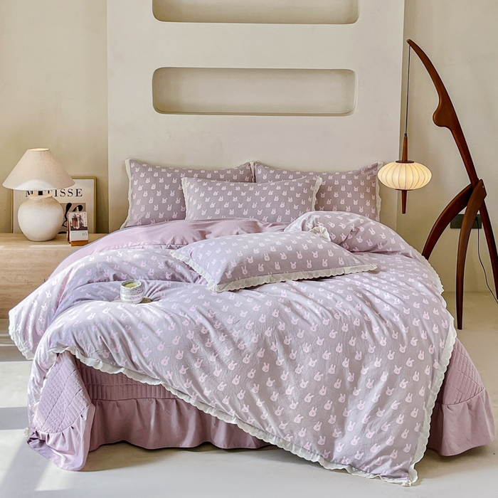 91家纺网 家纺一手货源 找家纺 斯卡诺家纺 2026新款全棉纯棉花边床盖四件套 兔小姐-纯棉花边