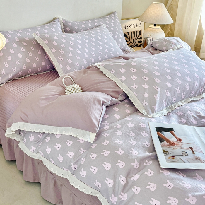 91家纺网 家纺一手货源 找家纺 斯卡诺家纺 2026新款全棉纯棉花边床盖四件套 兔小姐-纯棉花边