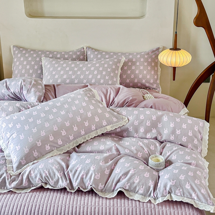 91家纺网 家纺一手货源 找家纺 斯卡诺家纺 2026新款全棉纯棉花边床盖四件套 兔小姐-纯棉花边