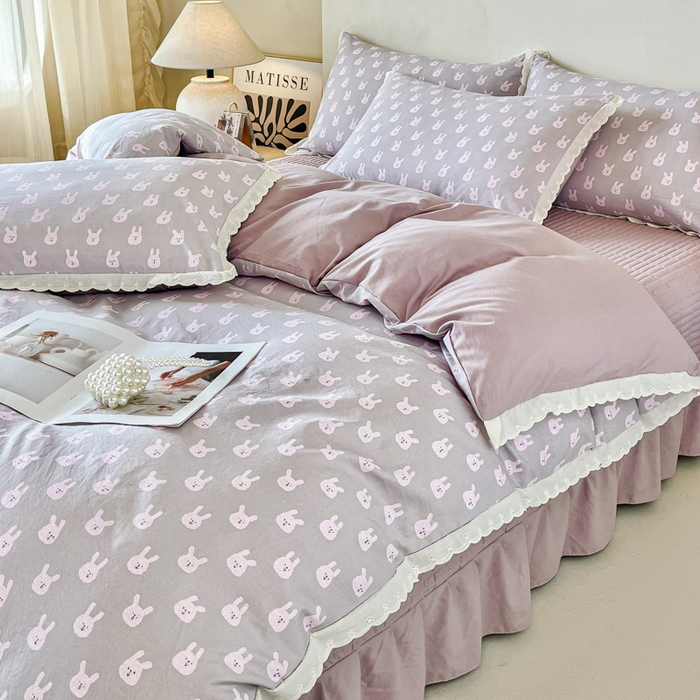 91家纺网 家纺一手货源 找家纺 斯卡诺家纺 2026新款全棉纯棉花边床盖四件套 兔小姐-纯棉花边